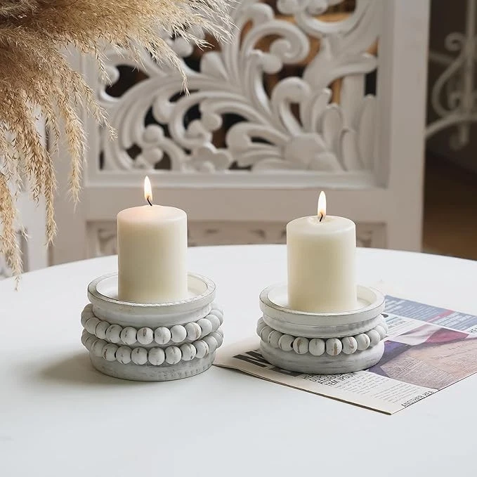 NIKKY HOME Farmhouse Beaded Wooden Candle Holders Set of 2