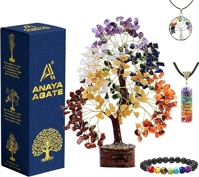 Seven Chakra Healing Crystal Tree Kit with 7 Chakra Bracelet and 2 Pendant Neckl