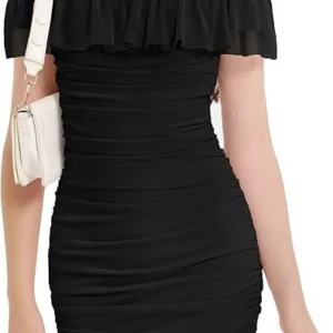 EXARUS Girls Bodycon Dress Ruffle Trim Off/One Shoulder Ruched Sleeveless