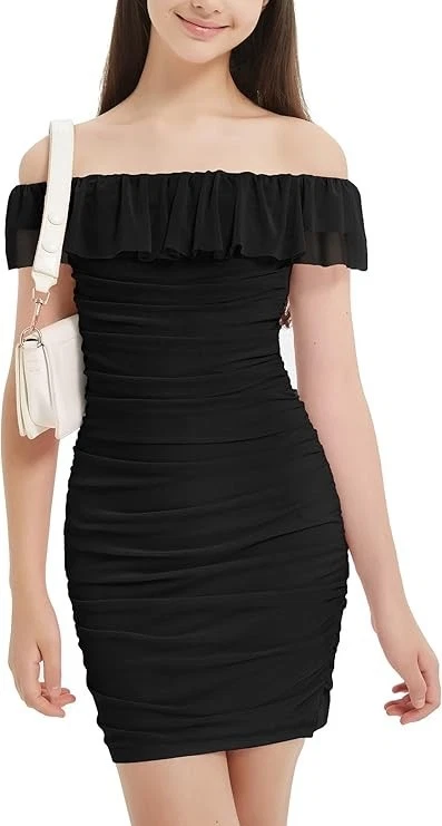 EXARUS Girls Bodycon Dress Ruffle Trim Off/One Shoulder Ruched Sleeveless