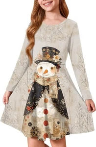 Girls Christmas Dresses Long Sleeve Crew Neck Cute Fit Casual Party